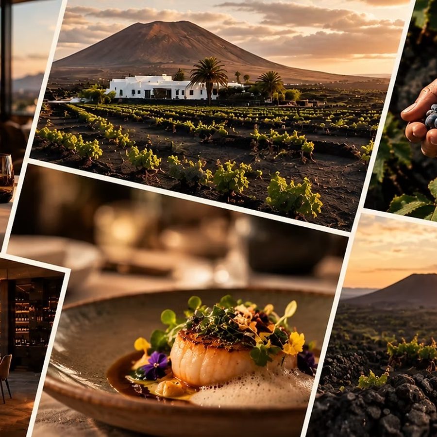 Viñedo volcánico de Lanzarote y manos con uvas