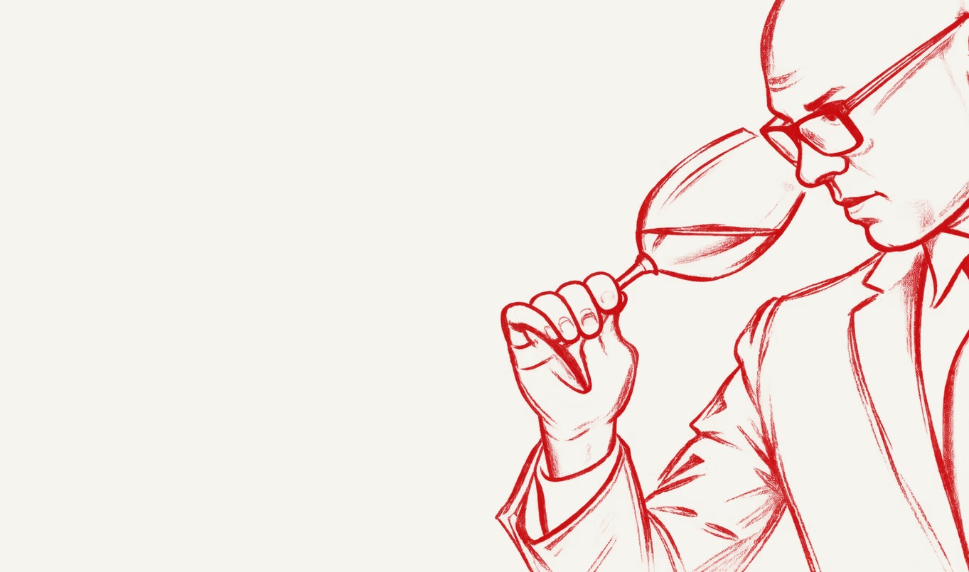 Ilustración de un sumiller oliendo una copa de vino